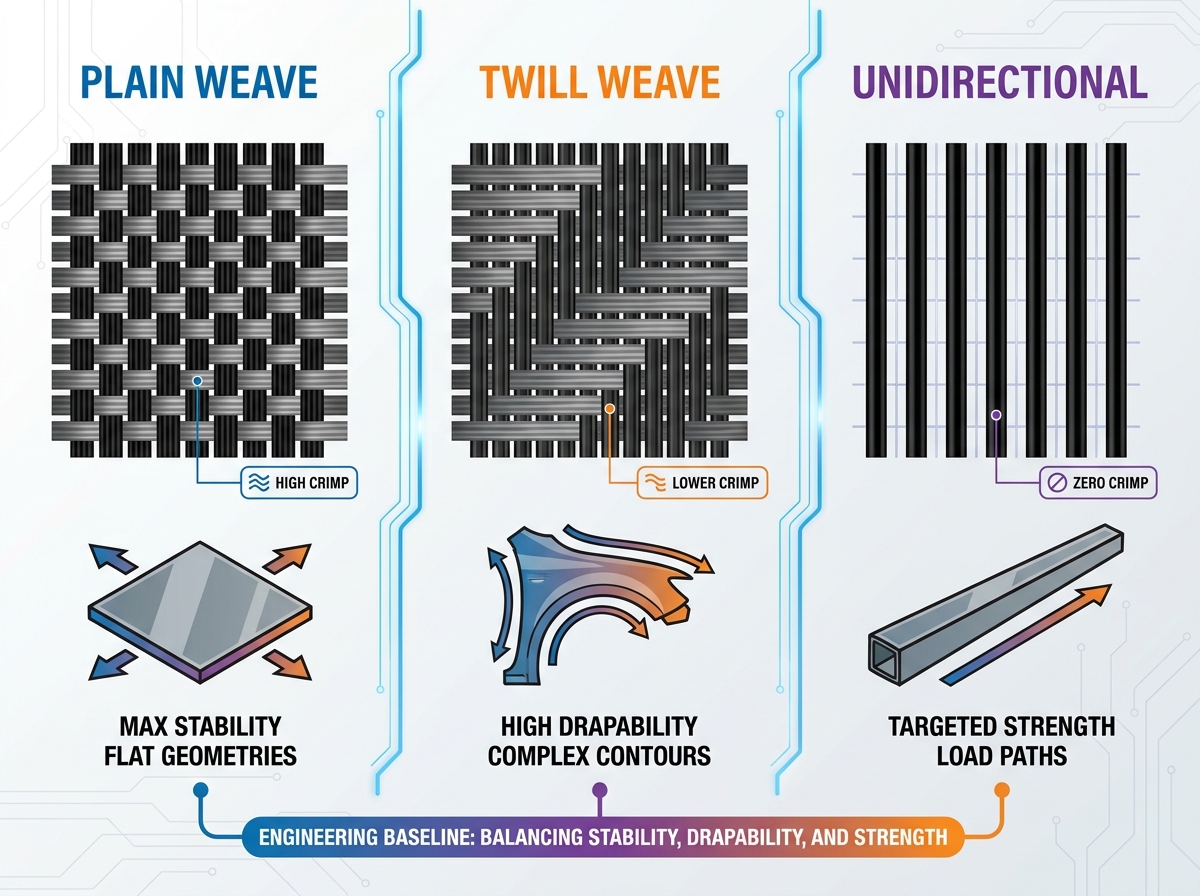 Various carbon fiber fabric weaves and patterns