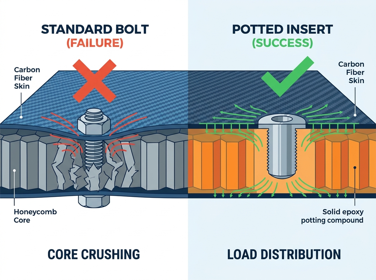 Carbon fiber honeycomb sandwich panels routing and insert potting process